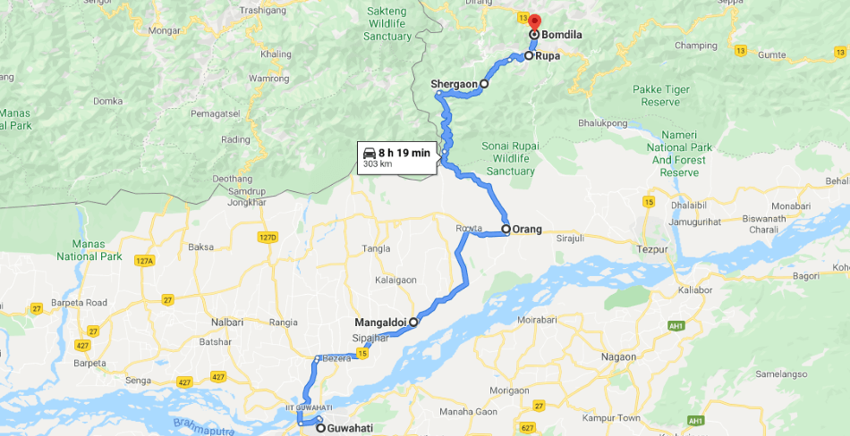 Guwahati to bomdila map